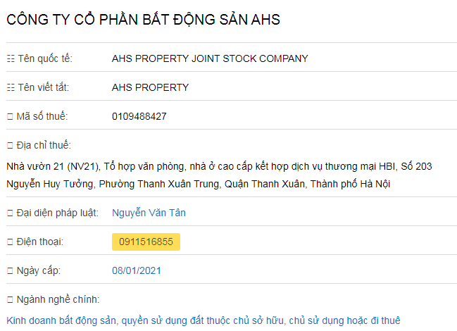 CÔNG TY CỔ PHẦN BẤT ĐỘNG SẢN AHS